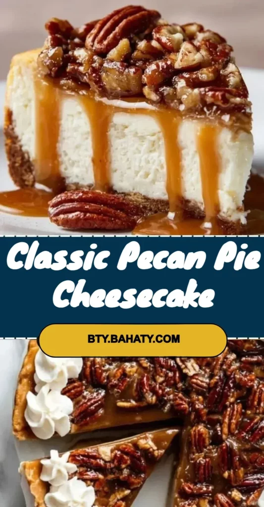 Delicious classic pecan pie cheesecake topped with caramel and pecans.