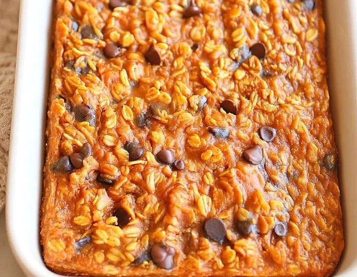 Slice of classic pumpkin chocolate chip baked oatmeal served in a bowl