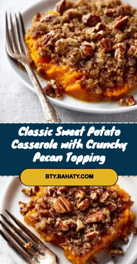 Classic sweet potato casserole with crunchy pecan topping served in a dish.