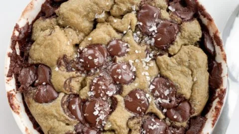 Delicious cookie baked oatmeal topped with chocolate chips and nuts