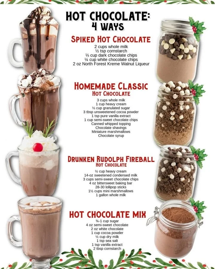 Four different dreamy hot chocolate recipes in cozy mugs