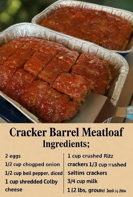 Delicious Cracker Barrel meatloaf served with mashed potatoes and green beans.