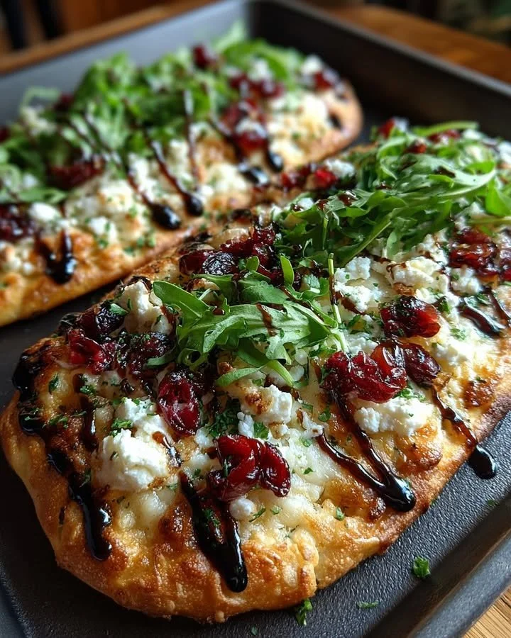Cranberry Balsamic Flatbread with Goat Cheese and Arugula on a wooden board
