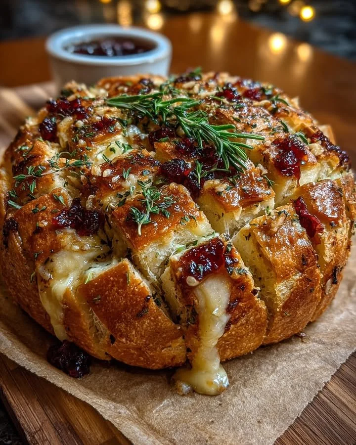 Freshly baked Cranberry Brie Sourdough Pull-Apart Bread on a wooden board.