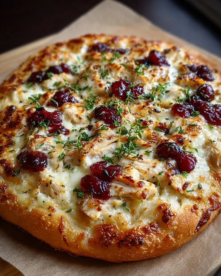 Cranberry chicken pizza with Brie cheese, garnished and ready to serve.