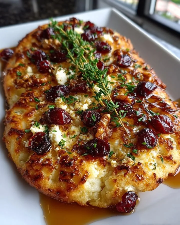 Cranberry Goat Cheese Flatbread drizzled with maple-honey vinaigrette
