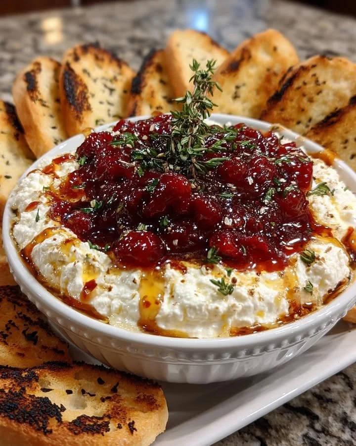 Cranberry Whipped Feta Dip with a drizzle of hot honey in a serving bowl