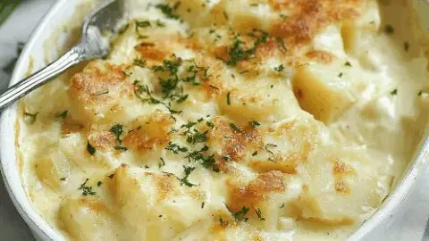 Bowl of deliciously creamy creamed potatoes topped with herbs.