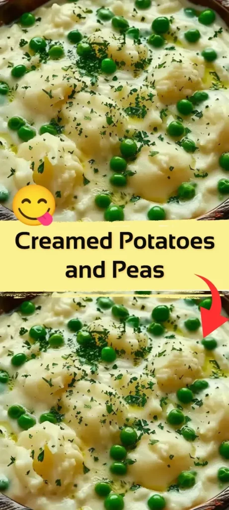 Delicious creamed potatoes with peas served in a bowl