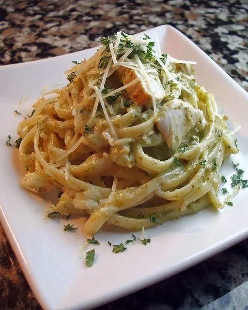 Creamy chicken pasta with tomatillo green sauce served in a bowl