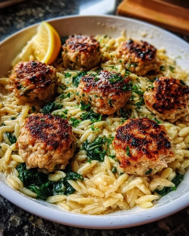 Creamy lemon chicken meatballs with spinach and garlic orzo on a plate