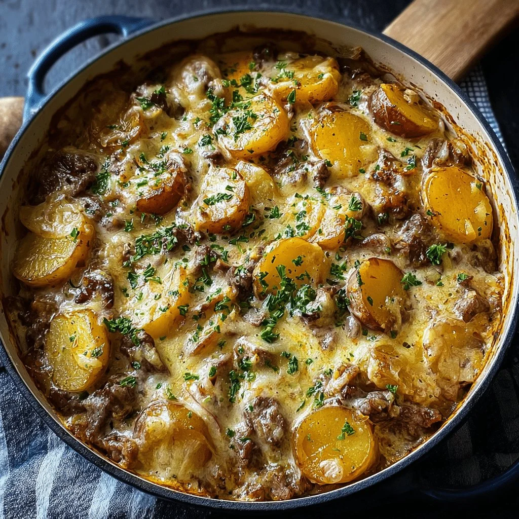 Creamy one-pot beef and potato casserole in a serving dish