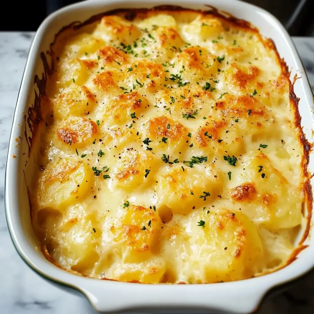 Delicious creamy potato gratin baked to golden perfection