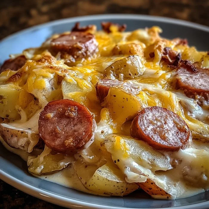 Creamy Sausage Potato Bake with melted cheese and sausage, served in a baking dish.
