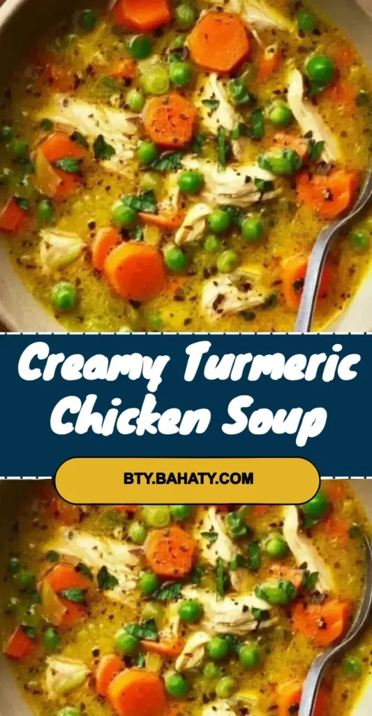 Bowl of creamy turmeric chicken soup with herbs and spices