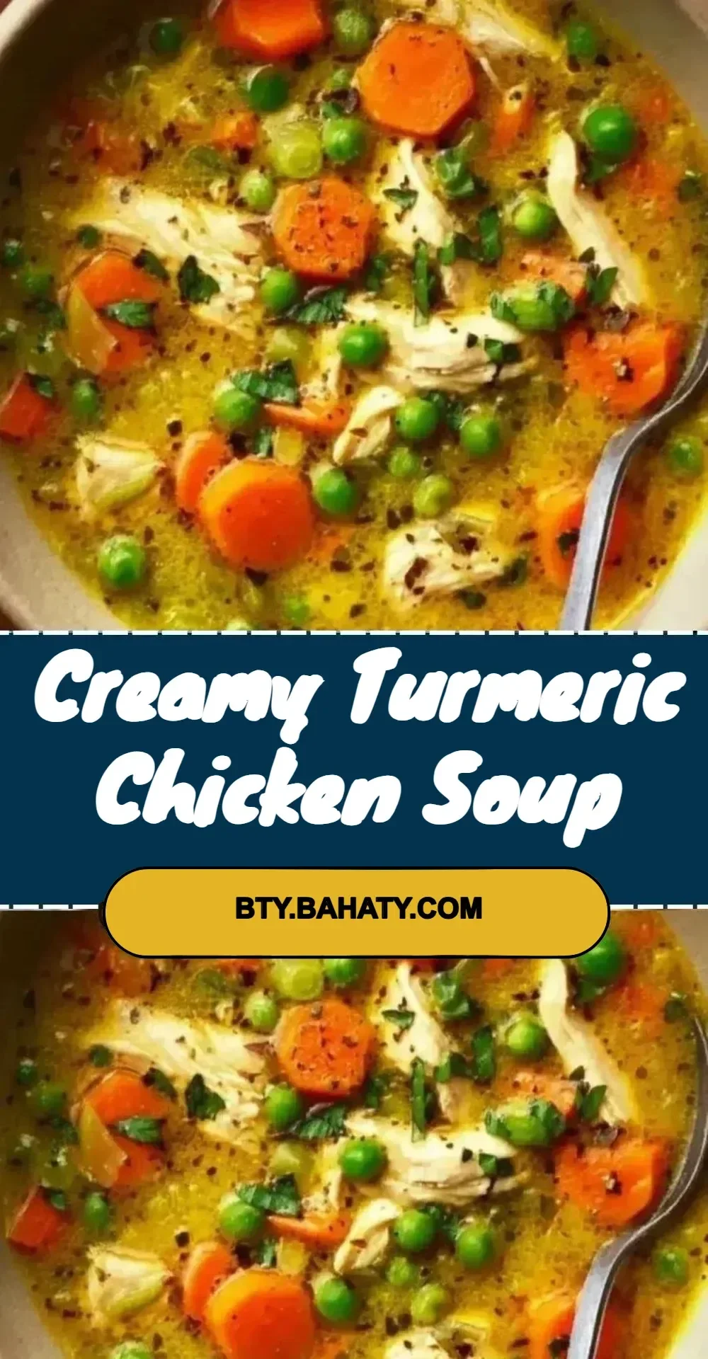 Bowl of creamy turmeric chicken soup with herbs and spices