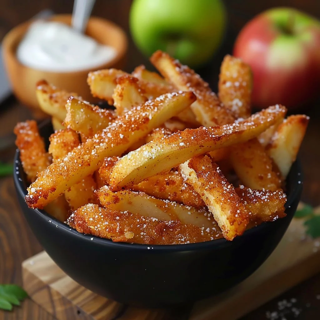 Crispy air fryer apple fries served on a plate with dipping sauce