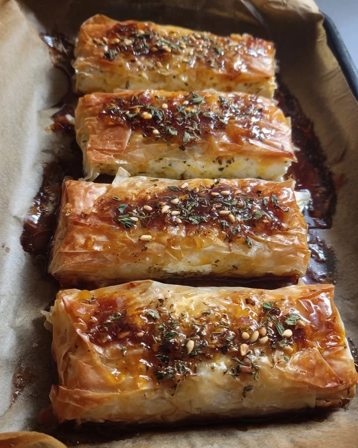 Crispy baked feta wraps drizzled with spicy honey on a plate
