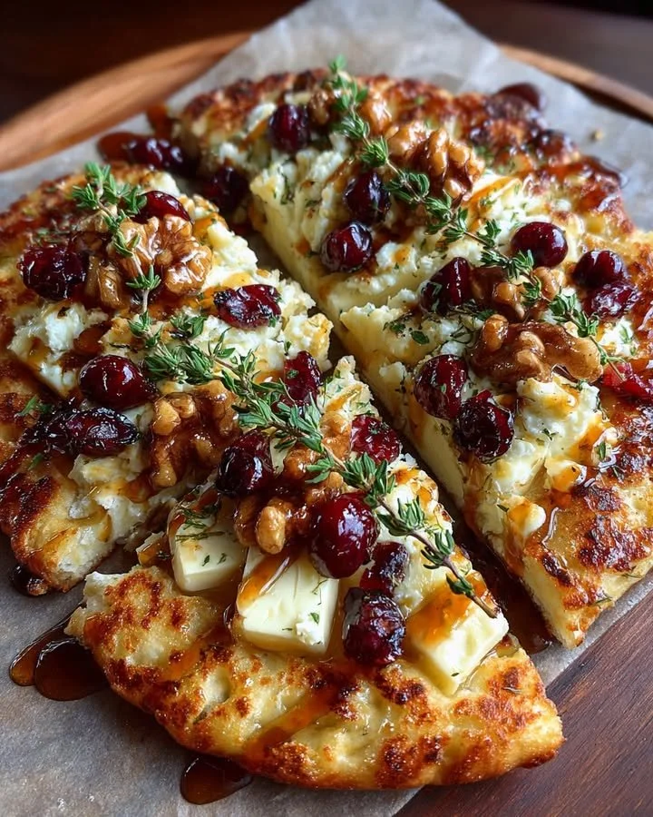 Crispy flatbread topped with brie, cranberries, walnuts, and hot honey drizzle