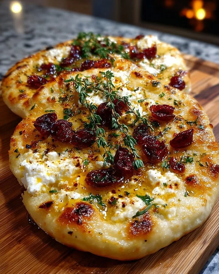 Crispy flatbread topped with ricotta, cranberries, pine nuts, and spicy honey drizzle