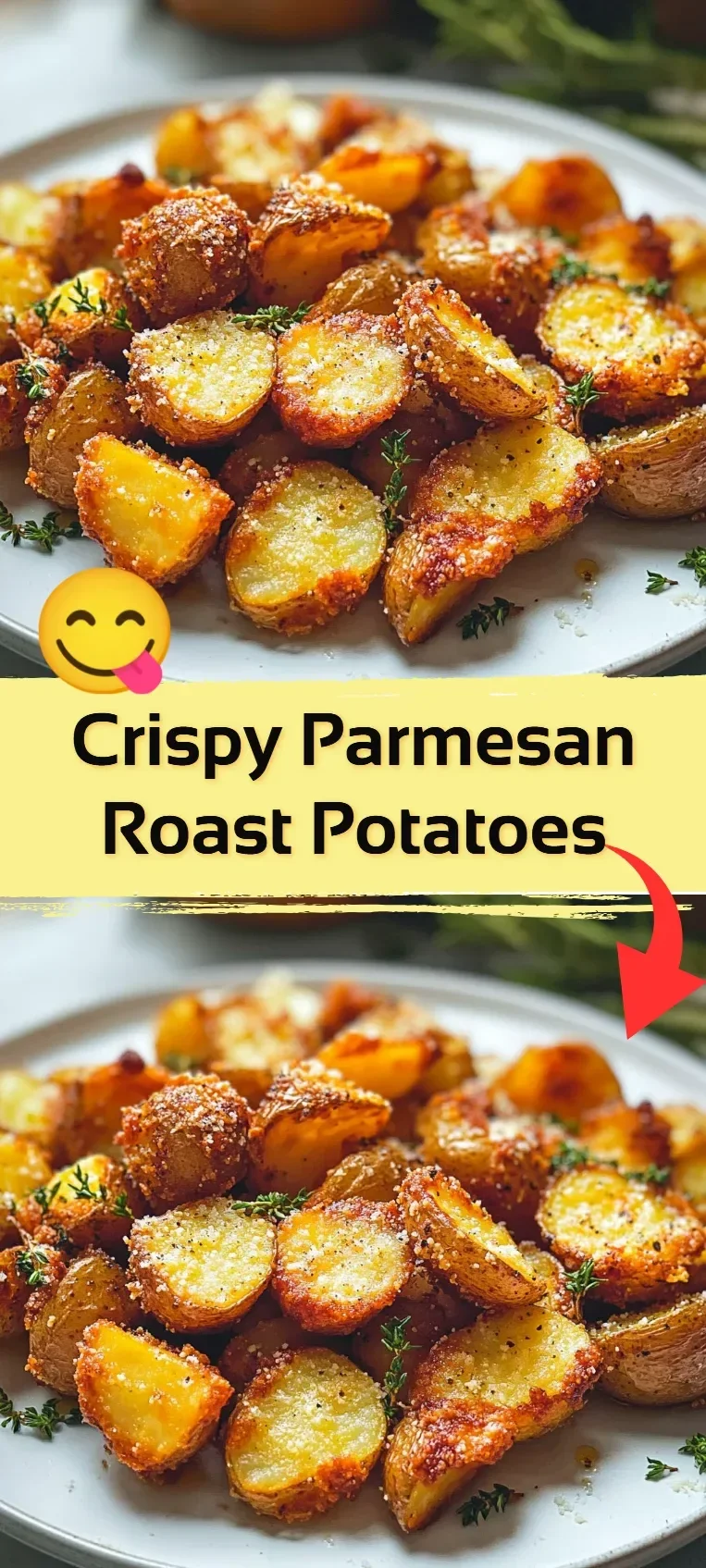 Crispy Parmesan roast potatoes served on a plate with herbs