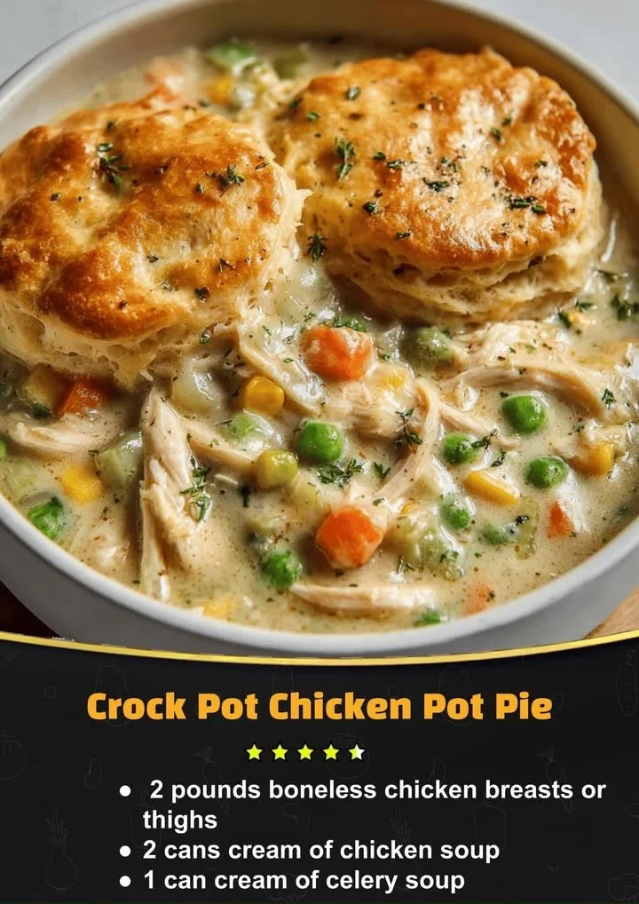 Delicious Crock Pot Chicken Pot Pie ready to serve, showcasing vibrant vegetables and flaky crust.
