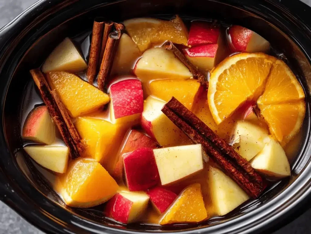 Crockpot apple cider simmering with spices for a cozy fall drink