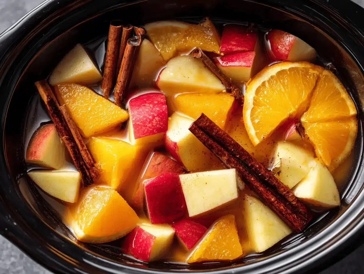 Crockpot apple cider simmering with spices for a cozy fall drink
