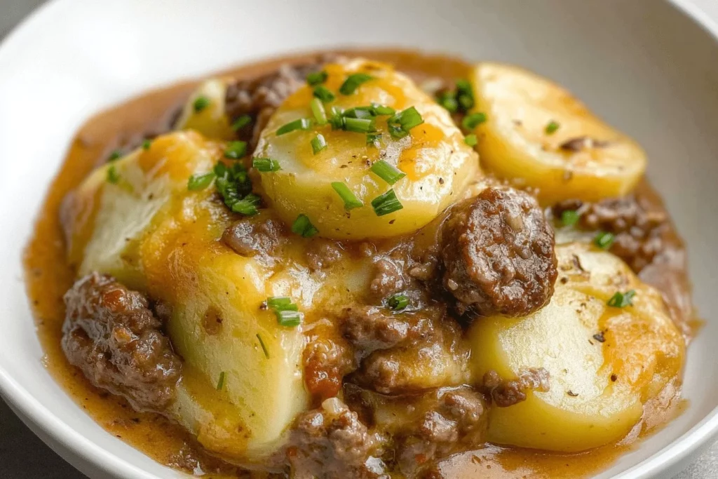 Delicious Crockpot Hamburger Potato Casserole served in a bowl