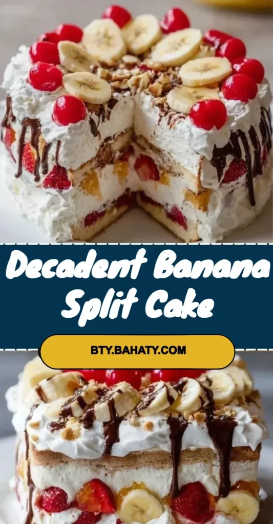 Decadent banana split cake topped with whipped cream, cherries, and chocolate drizzle.