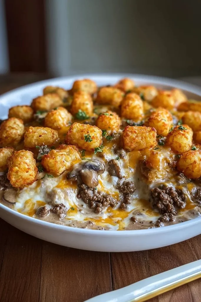 Delicious Angel Beef Casserole served in a bowl with fresh herbs