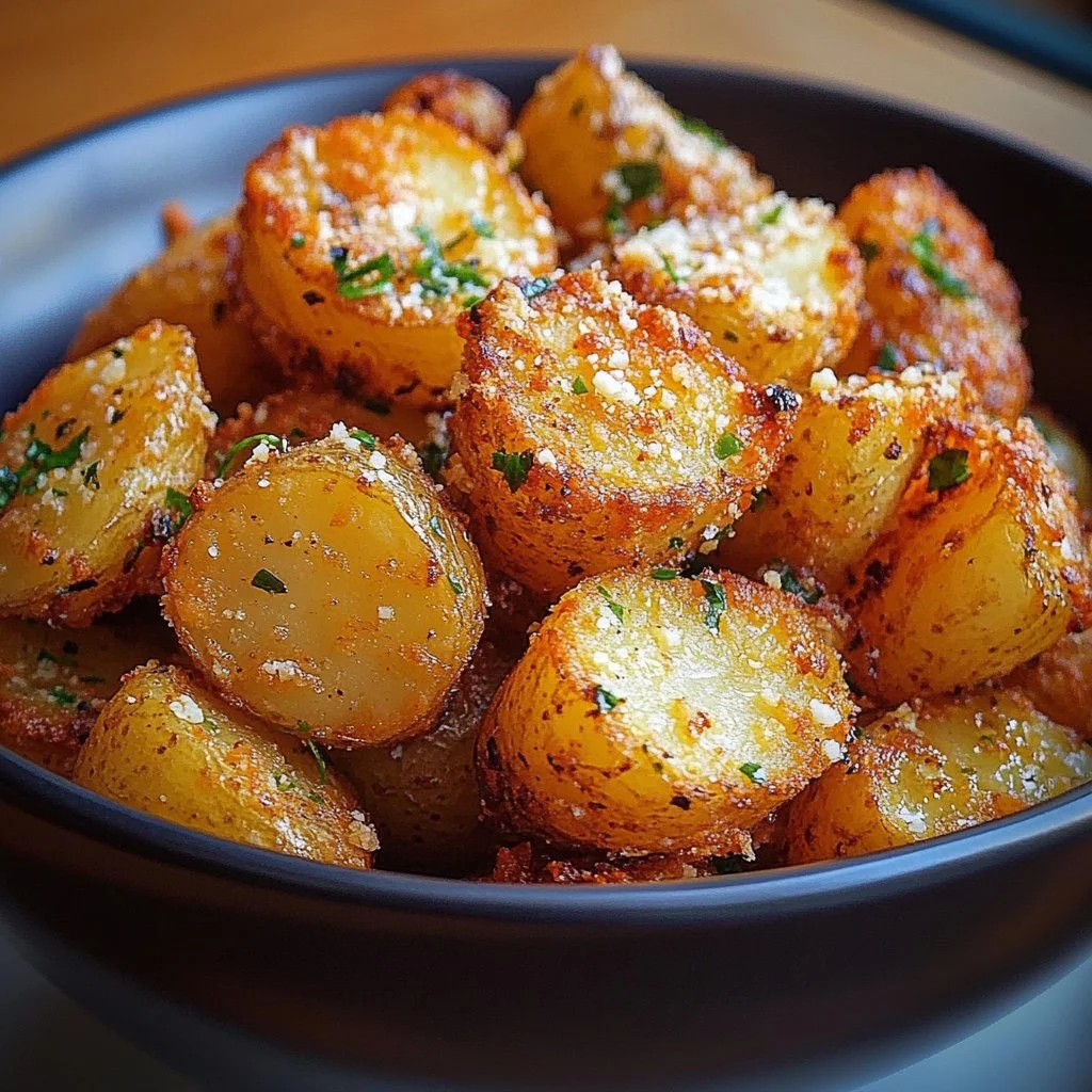 Crispy Parmesan roast potatoes served in a rustic dish.