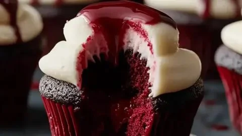 Halloween vampire bite cupcakes with red frosting and chocolate details