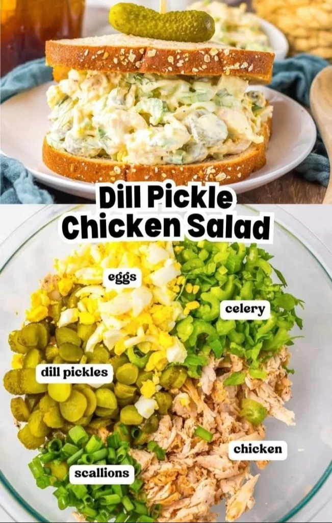 A bowl of Dill Pickle Chicken Salad with pickles, chicken, and herbs