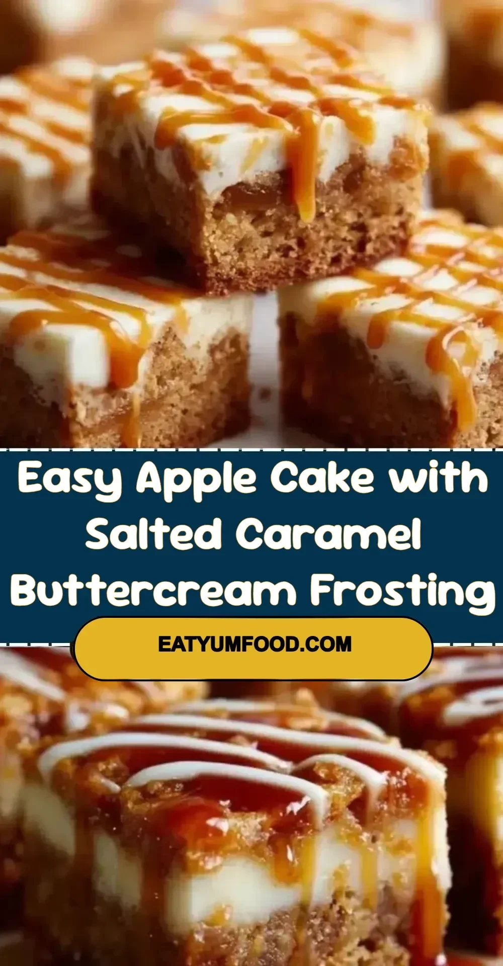 Slice of easy apple cake with salted caramel buttercream frosting on a plate.