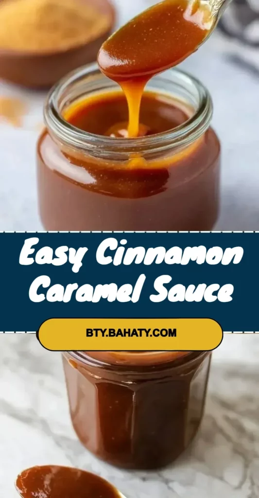 Homemade easy cinnamon caramel sauce in a glass jar with a drizzle spoon.