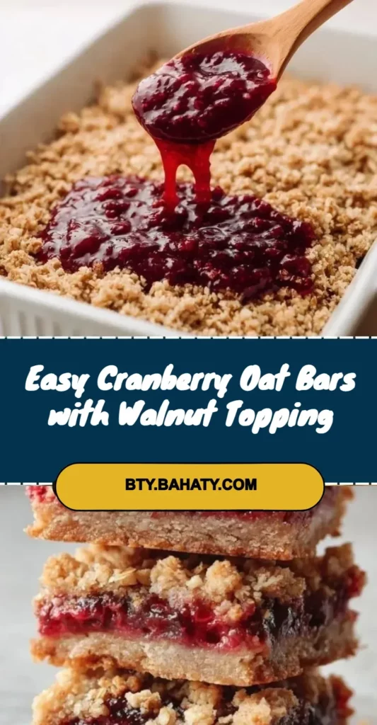 Homemade cranberry oat bars with walnut topping on a rustic wooden table.