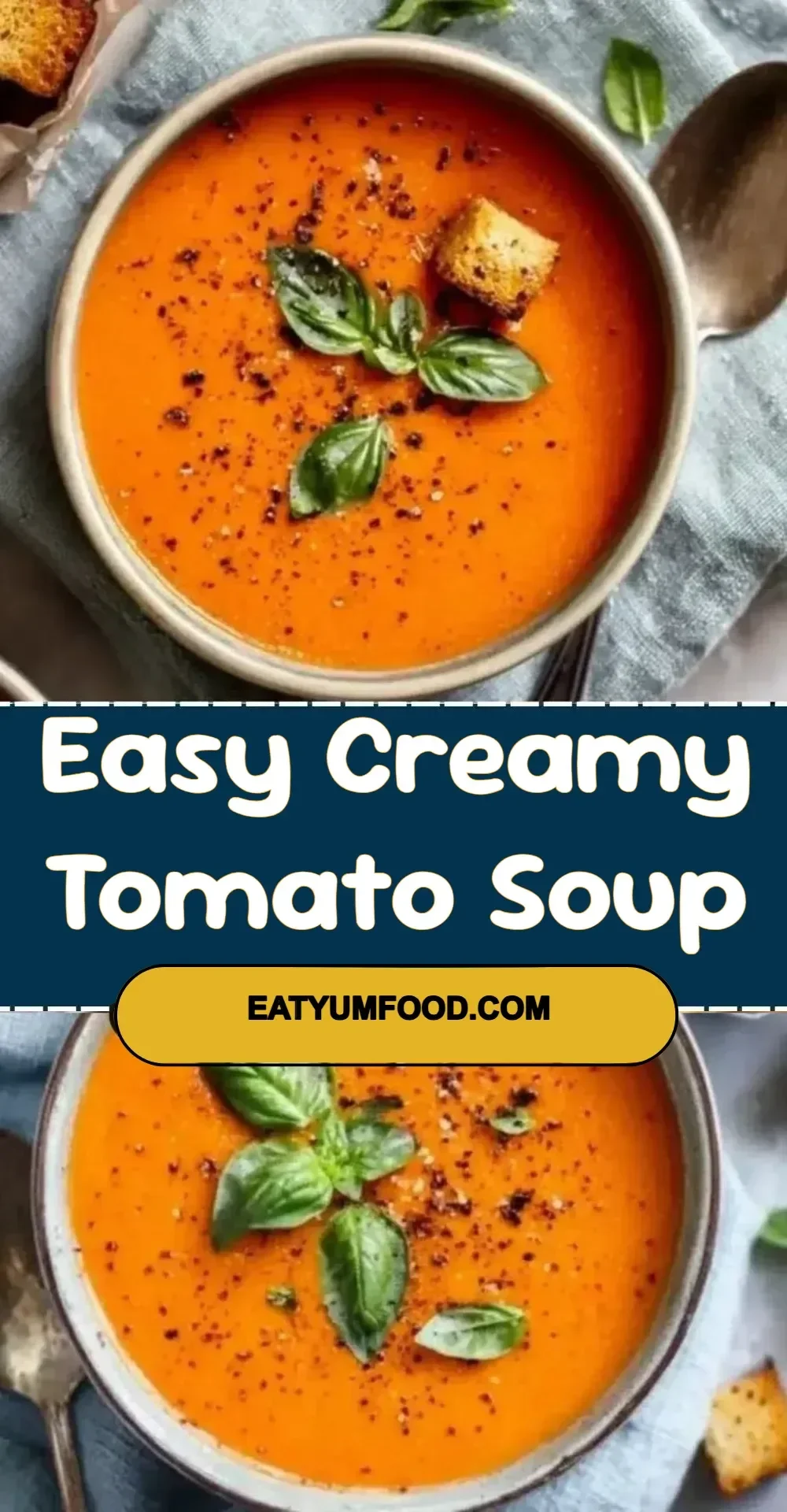 Bowl of easy creamy tomato soup garnished with fresh basil and cream.