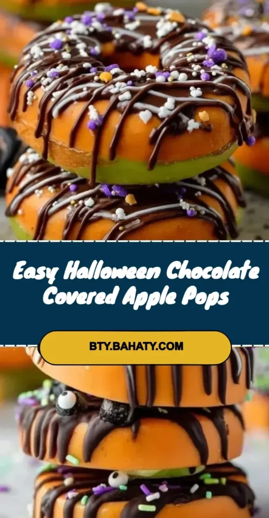 Halloween chocolate covered apple pops displayed on a festive table