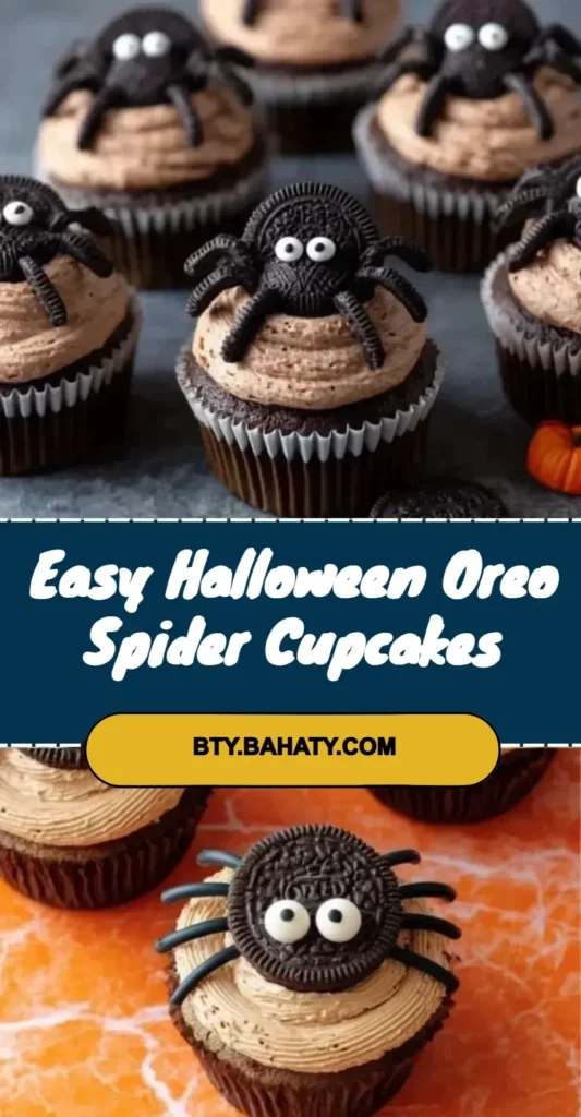 Easy Halloween Oreo Spider Cupcakes decorated with spooky chocolate spiders