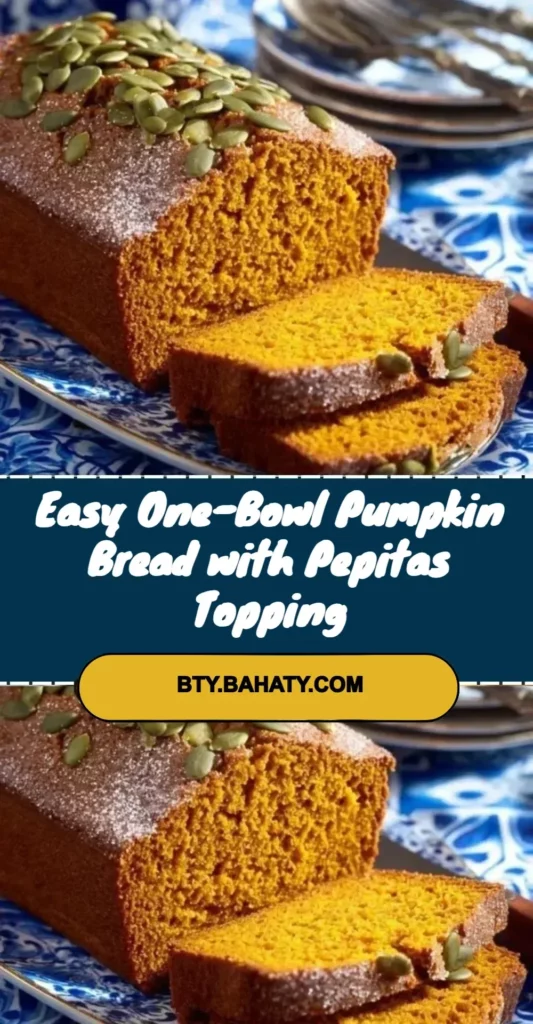 Slice of easy one-bowl pumpkin bread topped with pepitas