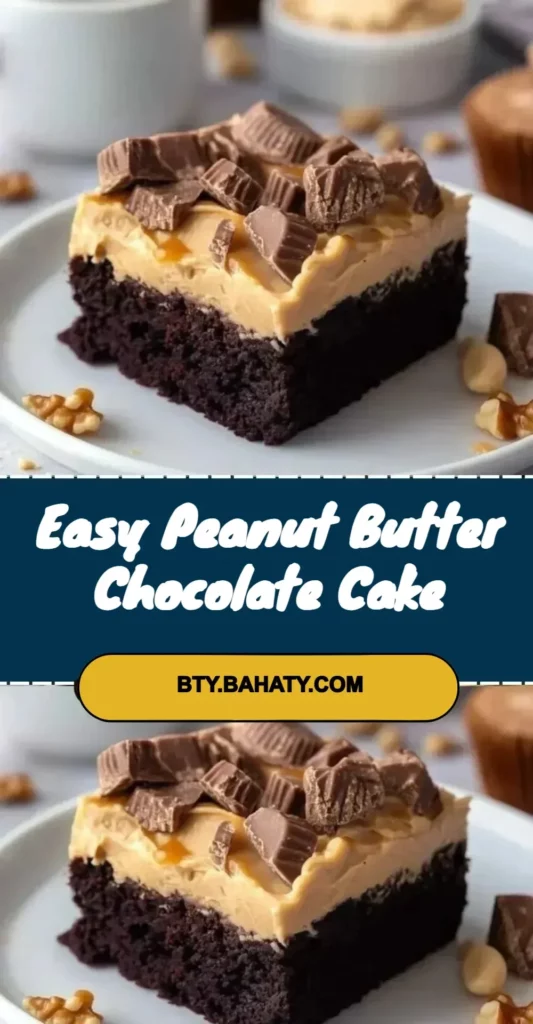 Slice of Easy Peanut Butter Chocolate Cake topped with chocolate frosting