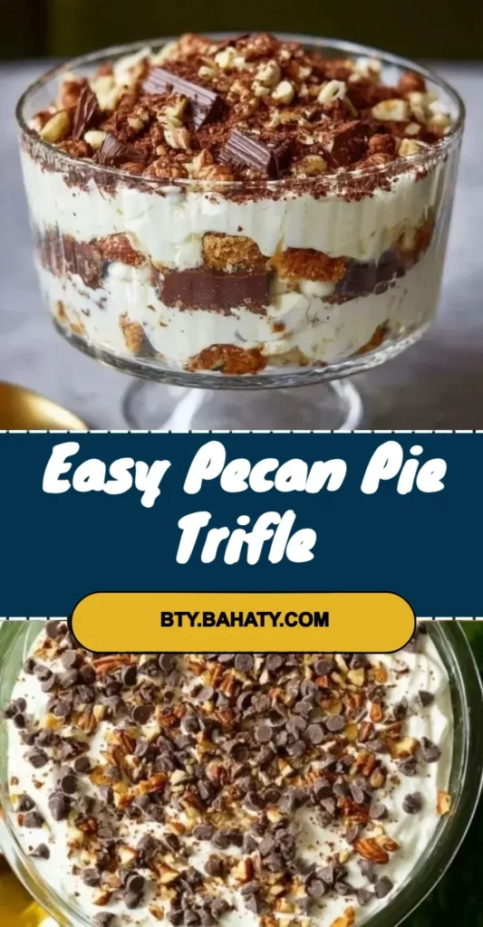 Easy pecan pie trifle layered dessert with whipped cream and pecans