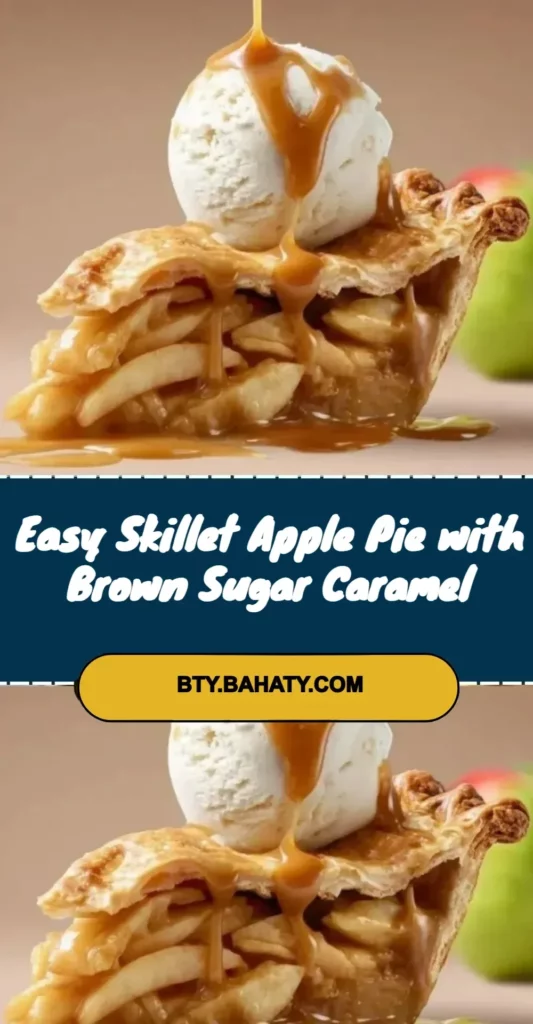 Easy skillet apple pie topped with brown sugar caramel, served in a cast iron skillet