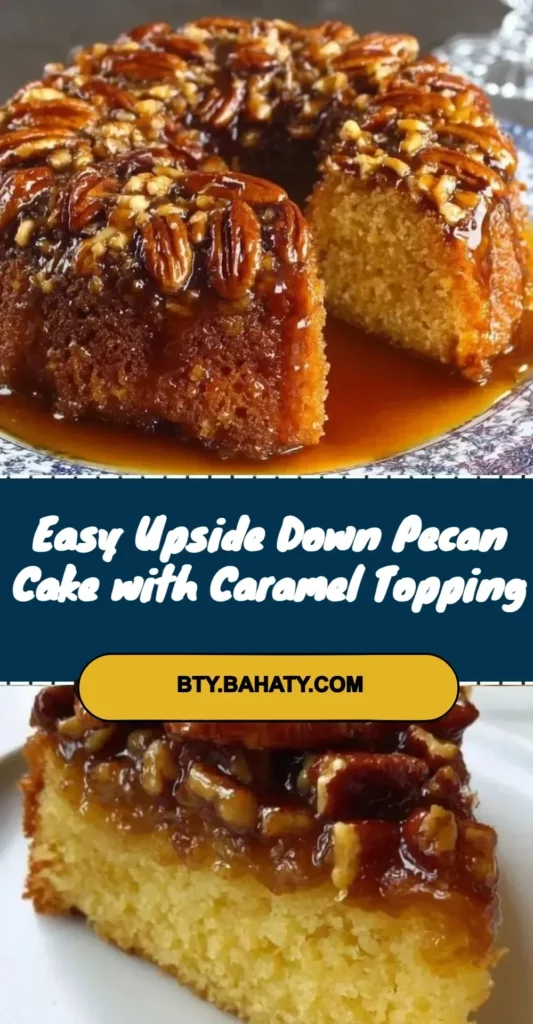 Delicious upside down pecan cake with caramel topping on a white plate.