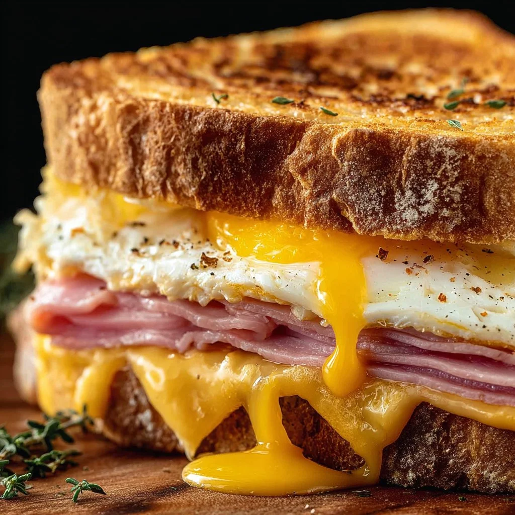 Delicious egg and ham breakfast sandwich on a wooden table