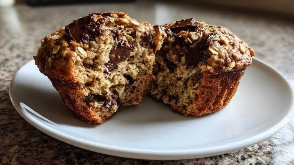 Freshly baked oatmeal chocolate chip muffins on a wooden table