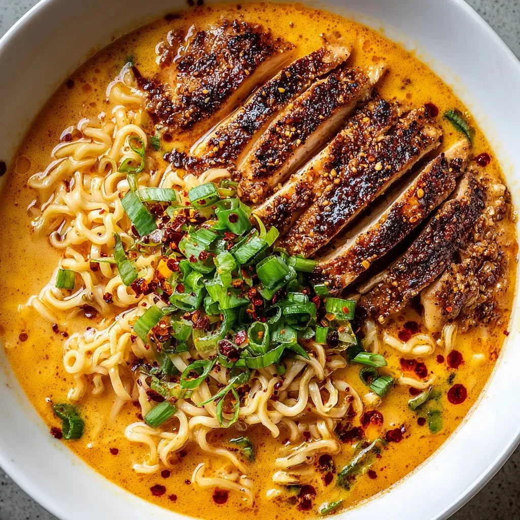 Bowl of Fiery Chicken Ramen with Garlic Sauce and colorful toppings