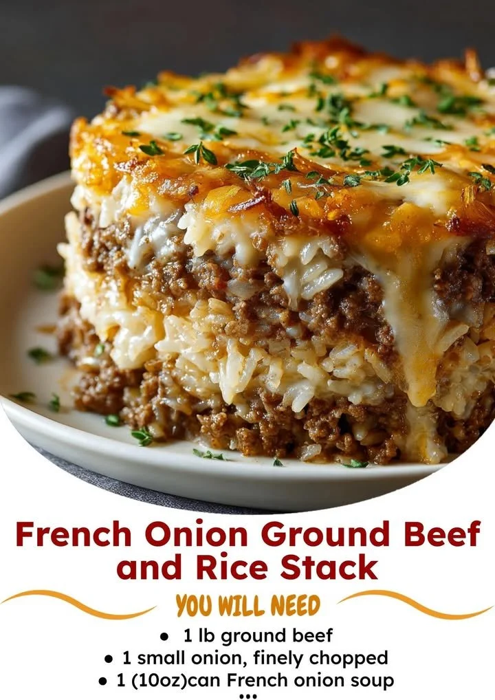 Delicious French onion ground beef and rice casserole served in a baking dish.