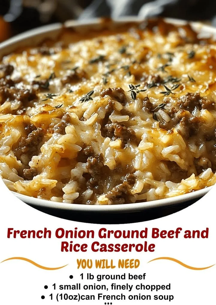 French onion casserole with ground beef and rice baked until golden and bubbly